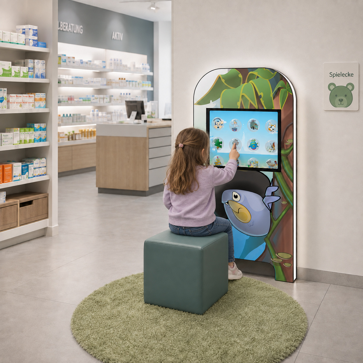 Wunderschöne Kinderspielecke in einer Apotheke mit einer Magic Wall deluxe im Dekor Papagei.