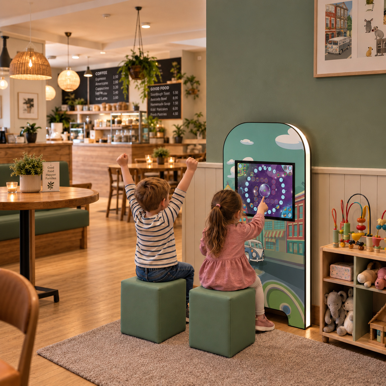 Magic wall deluxe RoadTrip Eltern-Kind-Cafe mit Kindern Kinderspielecke in einem Eltern-Kind-Cafe mit einer interaktiven Magci Wall deluxe